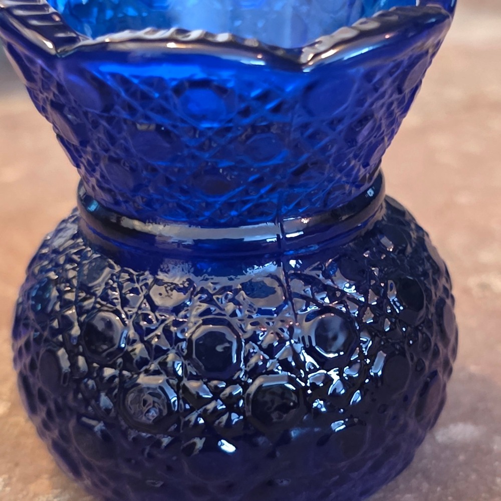 Vtg Mosser Cobalt Blue Glass Toothpick Holder Daisy & Button Scalloped Mini Vase - Picture 3 of 6
